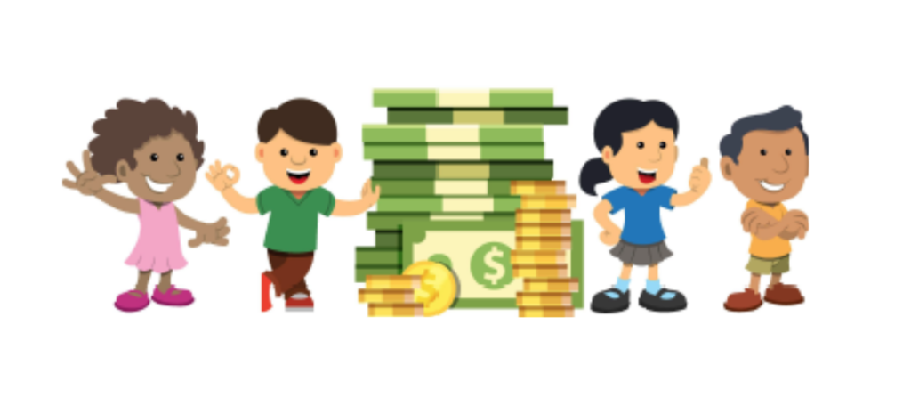 Kids standing next to pile of money - Illustration